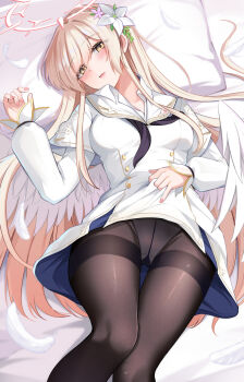 1girl black_panties black_pantyhose blue_archive brown_hair closed_mouth dress flower hair_flower hair_ornament halo highres indoors konka long_hair long_sleeves looking_at_viewer low_wings lying nagisa_(blue_archive) panties pantyhose solo thighband_pantyhose underwear very_long_hair white_dress white_flower white_wings wings yellow_eyes