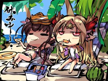 2girls :3 :t anklet beach beach_chair bikini blush character_request chibi chibi_only collarbone commentary_request crossed_legs cup day eating flat_chest food fruit goggles goggles_on_head hair_ribbon hand_up himegami_kagura holding holding_cup holding_food innertube jewelry jitome long_hair long_sidelocks looking_at_viewer lying ms06s multiple_girls navel ocean official_art on_back outdoors palm_tree parted_bangs pink_ribbon pointy_ears red_eyes ribbon sand shore sidelocks sitting sky smile swim_ring swimsuit tree very_long_hair water watermelon wavy_mouth