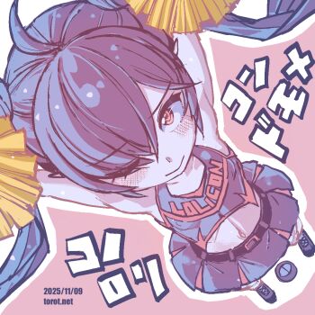 1girl ;) arms_up backbeako_(torotei) bare_shoulders belt black_shoes blush breasts cheerleader closed_mouth clothes_writing commentary dated dated_commentary dutch_angle eyes_visible_through_hair gegege_no_kitarou hair_over_one_eye holding holding_pom_poms kono_lolicon_domome layered_skirt light_smile long_hair looking_at_viewer midriff miniskirt navel one_eye_closed original paid_reward_available petite pink_background pointy_ears pom_pom_(cheerleading) pom_poms ringed_eyes shoes simple_background skirt small_breasts smile solo torotei translated twintails variant_set watermark web_address