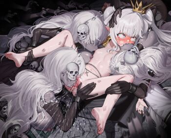 4girls absurdres artist_request barefoot black_gloves breast_sucking breasts colored_skin commentary_request commission completely_nude crown crying crying_with_eyes_open cunnilingus elbow_gloves feet female_ejaculation flat_chest gloves grey_skin hair_ornament highres huge_filesize kiss korean_commentary large_breasts lipstick_mark lipstick_mark_on_leg loli long_hair lying multiple_girls navel nipples nude on_back oral original pointy_ears pussy red_eyes second-party_source skull_hair_ornament spread_legs tears twintails uncensored white_hair wide-eyed yuri