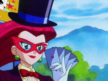 Rule 34 | 1990s (style), 1998, 1girl, animated, animated gif, anime screenshot, arms up, blue eyes, bow, bowtie, breasts, card, crop top, earrings, female focus, forehead, gloves, hair slicked back, hat, jessie (pokemon), jewelry, large breasts, lipstick, long hair, lowres, makeup, mask, nintendo, open clothes, open mouth, open shirt, pink hair, pokemon, pokemon (anime), pokemon (classic anime), pokemon ep053, retro artstyle, shirt, sky, smile, solo, tagme, top hat, tree, tuxedo, white gloves