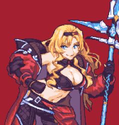 Rule 34 | 1girl, bent over, blonde hair, blue eyes, breasts, cleavage, cowboy shot, glaceo, gloves, granblue fantasy, hand on own hip, holding, holding polearm, holding weapon, large breasts, long hair, looking at viewer, midriff, navel, official alternate costume, polearm, red background, simple background, single off shoulder, smile, solo, spear, sprite art, v-shaped eyebrows, weapon, zeta (granblue fantasy), zeta (grand) (granblue fantasy)