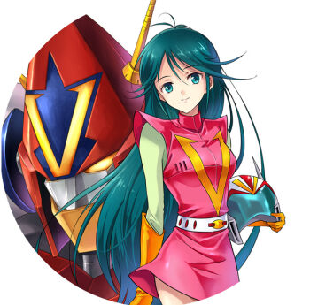 1970s_(style) 1girl agahari bad_id bad_pixiv_id belt breasts choudenji_robo_combattler_v combattler_v_(robot) female_focus green_eyes green_hair helmet long_hair matching_hair/eyes mecha nanbara_chizuru oldschool pilot_suit retro_artstyle robot smile solo sunrise_(company) toei_company