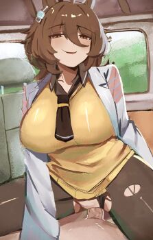 1boy 1girl absurdres agnes_tachyon_(tach-nology)_(umamusume) agnes_tachyon_(umamusume) animal_ears black_necktie black_pantyhose blush breasts brown_hair cardigan coat cowgirl_position ear_ornament hair_between_eyes hetero highres horse_ears horse_girl horse_tail iog626 large_breasts long_hair_between_eyes long_sleeves looking_at_viewer medium_hair necktie open_clothes open_coat open_mouth pantyhose red_eyes sex smile straddling tail thighs torn_clothes torn_pantyhose umamusume uncensored white_coat yellow_cardigan