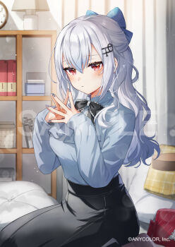 1girl absurdres analog_clock black_bow black_skirt bow clock commentary_request copyright_notice eyelashes grey_shirt hair_bow hair_ornament hakase_fuyuki highres indoors kneeling light_particles long_hair long_sleeves looking_at_viewer nijisanji official_art own_hands_together red_eyes sample_watermark shinishi_chiho shirt skirt solo very_long_hair virtual_youtuber watermark