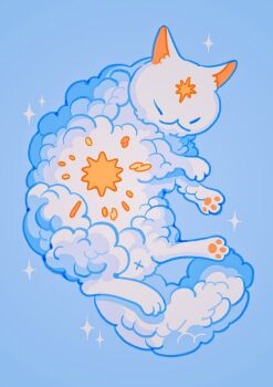 Rule 34 | :<, alt text, animal focus, blue background, blue eyes, blue theme, cat, closed eyes, cloud, cloudy sky, color contrast, colored lineart, commentary, creature, creature focus, english commentary, facial mark, forehead mark, full body, highres, meyoco, no humans, original, simple background, sky, sparkle, star (symbol), sun, white cat, white fur, x (symbol)