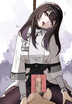 1boy 1girl arknights asphyxiation black_panties black_pantyhose black_skirt breasts brown_hair citricacid corpse cowgirl_position drooling empty_eyes girl_on_top hetero highres large_breasts long_hair long_sleeves necrophilia noose open_mouth panties panties_under_pantyhose pantyhose pov pov_crotch priestess_(arknights) purple_eyes rope sex simple_background skirt solo_focus straddling strangling tongue tongue_out torn_clothes torn_pantyhose underwear vaginal white_background x-ray