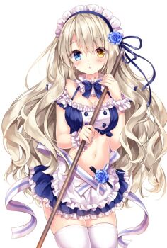 Rule 34 | 1girl, :o, apron, bare shoulders, blue bow, blue bowtie, blue eyes, blue flower, blue ribbon, blue shirt, blue skirt, blush, bow, bowtie, breasts, brown hair, choker, cleavage, commentary request, cowboy shot, crop top, female focus, flower, frilled skirt, frills, hair between eyes, hair flower, hair ornament, heterochromia, holding, large breasts, long hair, looking at viewer, luca (nogi takayoshi), maid, maid apron, maid headdress, midriff, miniskirt, navel, nogi takayoshi, off shoulder, orange eyes, original, parted lips, ribbon, rose, shirt, simple background, skirt, solo, standing, stomach, thighhighs, very long hair, waist apron, wavy hair, white background, white ribbon, white thighhighs, wrist cuffs, zettai ryouiki