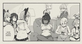 6+girls akane_(blue_archive) animal_ear_headphones animal_ears asuna_(blue_archive) blue_archive bow braid breasts casual cat_ear_headphones cat_ears cleavage closed_eyes closed_mouth controller couch dark-skinned_female dark_skin english_text facing_viewer fake_animal_ears from_behind game_controller glasses greyscale hair_bow hair_over_one_eye halo headphones indoors jacket karin_(blue_archive) karin_(bunny)_(blue_archive) lamp large_breasts long_hair long_sleeves meme midori_(blue_archive) mole mole_on_breast mole_under_eye momoi_(blue_archive) monochrome multiple_girls necktie neru_(blue_archive) on_couch playing_games profanity racism racist_momoi_(meme) shirt siblings single_braid sisters sitting skirt twins tyrone