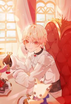 Rule 34 | 1boy, arm on table, black gloves, blonde hair, candy heart, crumbs, curtains, earrings, eating, food, fork, gloves, gradient hair, hashtag-only commentary, highres, holding, holding fork, jewelry, looking at viewer, male focus, multicolored hair, project sekai, pururing (didksoja), single earring, sitting, solo, tenma tsukasa, throne, window