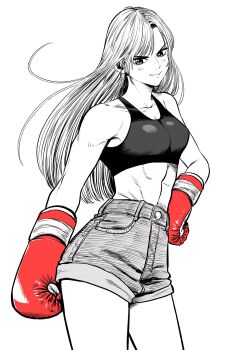 Rule 34 | 1girl, abs, boxing gloves, breasts, commentary request, contrapposto, cowboy shot, crop top, denim, denim shorts, gloves, greyscale, hand on own hip, high-waist shorts, highres, lee (dragon garou), linea alba, long hair, medium breasts, midriff, monochrome, original, red gloves, short shorts, shorts, smile, solo, sports bra, spot color, v-shaped eyebrows