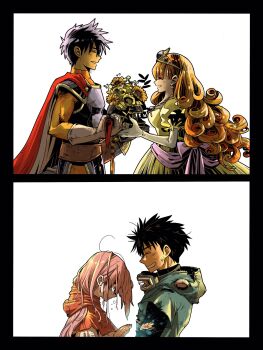 2boys 2girls black_bodysuit black_border black_hair blue_tunic bodysuit border bouquet breasts brown_hair cape capelet closed_eyes couple crying curly_hair d_d_work dirty dirty_face dragon_quest dragon_quest_i dragon_quest_ii dress earrings elbow_gloves flower gloves goggles goggles_around_neck grin hair_between_eyes healing hero_(dq1) hetero highres holding holding_bouquet hood hood_down hooded_cape jewelry long_hair medium_breasts multiple_boys multiple_girls orange_bodysuit parted_lips pink_hair prince_of_lorasia princess_laura princess_of_moonbrook puffy_short_sleeves puffy_sleeves red_cape red_capelet robe short_hair short_sleeves smile spiked_hair tears teeth tiara torn_clothes tunic upper_body white_background white_gloves white_robe wide-eyed yellow_dress