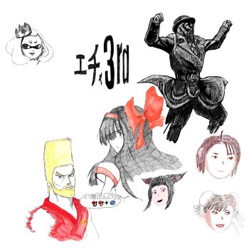 Rule 34 | 2boys, 5girls, ainu clothes, beard, black hair, blonde hair, blue eyes, brown eyes, brown hair, capcom, chun-li, double bun, facial hair, gameplay mechanics, hair bun, hair over one eye, hair ribbon, han juri, highres, japanese clothes, justice gakuen, kazama akira, long hair, looking at viewer, looking back, multiple boys, multiple girls, mustache, nakoruru, namco, nintendo, oekaki, open mouth, parted lips, paul phoenix, pearl (splatoon), pointy hair, q (street fighter), red eyes, ribbon, samurai spirits, serious, smile, snk, splatoon (series), street fighter, super smash bros., tekken, the king of fighters, traditional media, vainmglory