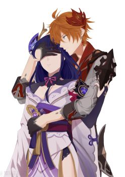 1boy 1girl absurdres ahoge armor asymmetrical_sleeves black_gloves black_panties blue_eyes blunt_bangs bridal_gauntlets closed_mouth clothing_cutout collarbone collared_shirt commentary couple covering_another&#039;s_eyes curly_hair earrings english_commentary fan_hair_ornament flower formal_clothes friends from_side genshin_impact gloves glowing hair_between_eyes hair_flower hair_ornament hetero highres hug hug_from_behind japanese_armor japanese_clothes jewelry kimono leaning_back leaning_on_person long_hair long_sleeves mask mask_on_head mitsudomoe_(shape) neck_ribbon off_shoulder orange_hair panties parted_lips phlower_luna purple_hair purple_kimono raiden_shogun red_mask red_ribbon red_sash ribbon sash shade shirt short_hair shoulder_armor shoulder_cutout simple_background single_earring sleeves_rolled_up standing suit tartaglia_(genshin_impact) teeth tomoe_(symbol) underwear uneven_sleeves upper_body white_background wide_sleeves