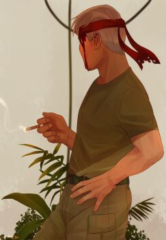 1boy artist_name bandana belt blood blood_on_face blurry cigarette commentary depth_of_field english_commentary facing_away fern film_grain frank_jaeger green_shirt grey_hair hand_on_own_hip hayessun highres holding holding_cigarette male_focus metal_gear_(series) metal_gear_2:_solid_snake plant shirt short_hair short_sleeves smoke smoking solo twitter_username