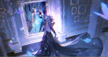 1boy 1girl animated animated_gif arm_warmers backless_dress backless_outfit bare_back bare_shoulders black_arm_warmers black_dress blue_butterfly blue_dress blue_hair bracelet braid bug butterfly butterfly_hair_ornament butterfly_tattoo butterfly_wings chandelier checkered_floor crossdressing crossdressing_(mtf) different_reflection dress evangelos_(shining_nikki) face-to-face flower from_behind full_body gown green_flower grey_hair hair_flower hair_ornament hallway holding holding_lantern indoors insect insect_wings jewelry lantern light_particles lightweaving_kiss_(shining_nikki) long_dress long_hair looping_animation mirror nephiliet nikki_(series) painting_(object) pillar purple_wings reflection sapphire_dreaming_(shining_nikki) shining_nikki shoulder_blades shoulder_tattoo single_braid skirt_hold sleeveless sleeveless_dress standing tattoo trap watermark weibo_watermark wings wisteria zangzang_shi_yi_zhi_jianlian_zanghu
