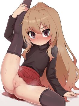 1girl aisaka_taiga black_shirt black_thighhighs brown_eyes brown_hair closed_mouth highres koonowen loli long_hair long_sleeves looking_at_viewer no_panties pleated_skirt pussy red_skirt shirt simple_background skirt solo thighhighs toradora! white_background