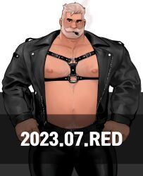 Rule 34 | 1boy, arms at sides, bara, beard, beard over mouth, belly, chest belt, cigar, cowboy shot, dated, dopey (dopq), facial hair, framed pectorals, full beard, highres, jacket, large pectorals, leather, leather jacket, looking at viewer, male focus, mature male, muscular, muscular male, nipples, old, old man, open clothes, open jacket, original, paid reward available, pectorals, plump, short hair, smoking, solo, sparse chest hair, thick beard, thick eyebrows, thick mustache, watermark, white hair