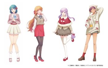4girls anime_coloring arm_behind_back arm_behind_head belt blue_eyes blue_hair blue_ribbon blush bow box breasts brown_hair brown_pantyhose brown_shoes brown_skirt capelet closed_mouth collared_shirt commentary_request copyright_notice frilled_socks frills gift gift_box grey_shorts hair_bow hat hinata_haru_(osananajimi_to_wa_lovecome_ni_naranai) hiodoshi_akari holding large_breasts lineup long_hair long_sleeves looking_at_viewer mary_janes minamo_shio multiple_girls neck_ribbon official_art open_mouth orange_hair osananajimi_to_wa_lovecome_ni_naranai pantyhose pink_shoes pink_sweater plaid_clothes plaid_shirt plaid_vest purple_eyes purple_hair red_belt red_bow red_capelet red_eyes red_shoes red_skirt red_socks ribbon shirt shoes short_hair shorts simple_background skirt small_breasts smile socks standing standing_on_one_leg sweater thighhighs tsukimi_runa twintails vest white_background white_hat white_shirt white_skirt white_socks white_sweater white_thighhighs