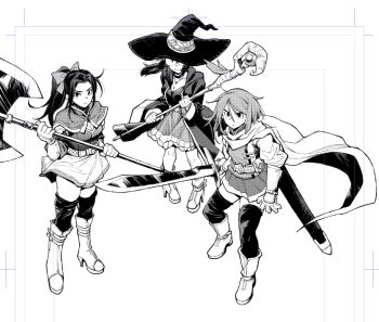 3girls boots bow cape commentary_request dress gloves greyscale hat holding holding_staff jimiko long_hair monochrome multiple_girls original party ponytail ryoumoto_hatsumi short_hair smile staff thighhighs weapon witch_hat