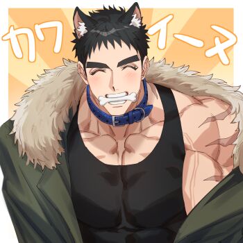 Rule 34 | 1boy, animal ears, bara, black hair, black tank top, blue collar, bodybuilder, bone in mouth, closed eyes, collar, collarbone, dog boy, dog ears, domo (domo kizusuki), fur-trimmed jacket, fur trim, green jacket, highres, jacket, jacket partially removed, kokado shido (domo), large pectorals, light blush, male focus, manly, mouth hold, muscular, muscular arms, muscular male, off shoulder, open clothes, original, partially open shirt, pectoral cleavage, pectorals, scar, scar on arm, short hair, shredded muscles, sideburns, single bare shoulder, single off shoulder, smile, squinting, tank top, tareme, v-taper, veins, veiny arms