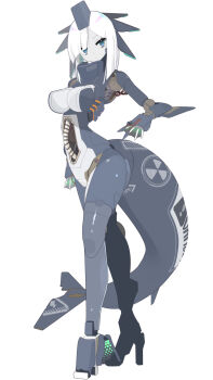 1girl android black_skin blue_eyes breasts cable colored_skin commentary_request commission fins fish_tail full_body high_heels highres joints large_breasts looking_at_viewer nanatsuki_sousuke original robot_joints shark_girl shark_tail short_hair skeb_commission solo spine standing tail tube white_background white_hair white_skin