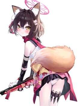 1girl animal_ear_fluff animal_ears ass back_bow bare_shoulders black_gloves black_sailor_collar black_skirt blue_archive blush bow breasts brown_hair closed_mouth commentary cowboy_shot double-parted_bangs eyeshadow floral_print floral_print_kimono fox_ears fox_girl fox_mask fox_tail from_behind gloves gun hair_between_eyes hair_ornament halo highres holding holding_gun holding_weapon holster izuna_(blue_archive) japanese_clothes kimono kunai leaning_forward looking_at_viewer looking_back luo_shu makeup mask mask_on_head panties pantyshot partially_fingerless_gloves pink_halo pink_kimono pleated_skirt pom_pom_(clothes) pom_pom_hair_ornament print_kimono red_eyeshadow red_scarf sailor_collar sailor_shirt scarf school_uniform serafuku shirt short_hair simple_background skirt sleeveless sleeveless_shirt smile solo submachine_gun tail thigh_holster turning_head type_100_smg underwear weapon white_background white_panties white_shirt yellow_bow yellow_eyes