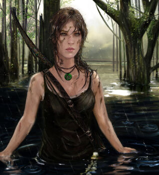 1girl blood bow_(weapon) brown_eyes brown_hair dirty female_focus jewelry lara_croft long_hair necklace rain sky solo tank_top tomb_raider tomb_raider_(reboot) tree water weapon wet