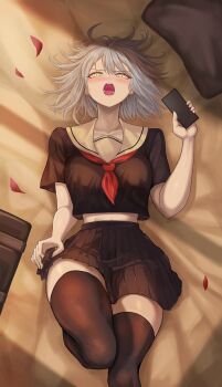 1girl absurdres bag bed_sheet black_shirt black_skirt black_thighhighs blush breasts cellphone commentary_request fate/grand_order fate_(series) from_above grey_hair highres holding holding_phone jeanne_d&#039;arc_alter_(fate) knee_up looking_at_viewer lying medium_breasts midriff_peek miniskirt on_back on_bed open_mouth penguintake phone pillow pleated_skirt sailor_collar school_bag school_uniform serafuku shirt short_hair short_sleeves skirt smartphone solo thighhighs white_sailor_collar window_shadow yellow_eyes zettai_ryouiki