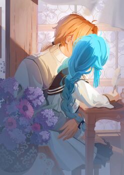 1boy 1girl absurdres ahoge black_sailor_collar blonde_hair blue_hair bouquet braid commentary dress feet_out_of_frame flower from_side girl_on_top hand_on_another&#039;s_thigh hetero highres holding holding_quill hug hug_from_behind indoors long_braid long_hair long_sleeves mushoku_tensei ponytail quill roxy_migurdia rudeus_greyrat sailor_collar shirt sitting sitting_on_lap sitting_on_person table tinivast twin_braids twitter_username very_long_hair white_dress white_shirt writing
