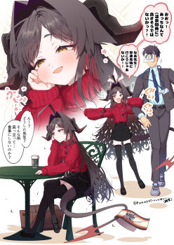 1boy 1girl alternate_costume black_horns black_tail blue_archive chabo_24 dating demon_horns demon_tail doodle_sensei_(blue_archive) hair_intakes halo highres horns kasumi_(blue_archive) long_tail sensei_(blue_archive) speech_bubble tail translation_request