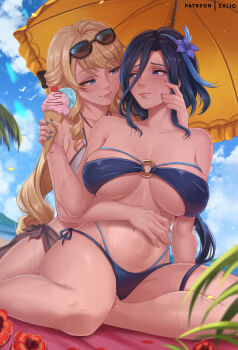 2girls armpit_crease bare_arms bare_shoulders beach bikini blonde_hair blue_bikini blue_eyes blue_flower blue_nails blue_sky blush breasts clorinde_(genshin_impact) closed_mouth collarbone drill_hair drill_sidelocks exlic eyewear_on_head fingernails flower food genshin_impact hair_between_eyes hair_flower hair_ornament hand_on_another&#039;s_cheek hand_on_another&#039;s_face hand_on_another&#039;s_stomach highres holding holding_food holding_ice_cream holding_ice_cream_cone ice_cream ice_cream_cone large_breasts long_hair looking_at_another multicolored_hair multiple_girls multiple_scoops nail_polish navel navia_(genshin_impact) nose o-ring o-ring_bikini outdoors parted_lips purple_eyes purple_hair red_flower side-tie_bikini_bottom sidelocks sitting sky spread_legs stomach streaked_hair sunglasses swimsuit thighs underboob very_long_hair white_bikini yokozuwari yuri