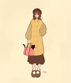 1girl bag beret black_cat black_hair black_hat black_skirt blending brown_eyes cat coat grey_shoes hand_in_pocket hat highres holding holding_bag long_hair long_sleeves original pink_background pink_bag puffy_long_sleeves puffy_sleeves second-party_source shoes signature simple_background skirt smile solo syooooyoooo yellow_coat