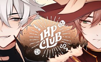 1hp_club 2boys :d black_shirt bridge_piercing brown_hair coat commentary copyright_name crossed_bangs double-parted_bangs elfboiii english_commentary face_piercing fang fur_collar green_eyes grey_eyes grin hair_between_eyes hat highres looking_at_another male_focus multiple_boys niffin_(1hp_club) obi_(1hp_club) open_mouth out_of_frame piercing pointy_ears portrait promotional_art red_coat shirt smile split_screen white_hair