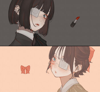 Rule 34 | 1girl, absurdres, black hair, blush, bow, collared shirt, cosmetics, cross, cross earrings, ear piercing, earrings, expressionless, eyepatch, green eyes, hair bow, highres, jewelry, lipstick tube, looking at viewer, multicolored hair, multiple views, original, parted lips, piercing, red hair, shirt, short hair, two-tone hair, upper body, zudxpnz