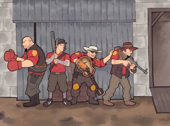 &gt;:( 2fort 4boys acoustic_guitar ammunition_belt ankle_boots arm_hair bald bandaged_arm bandages baseball_bat baseball_cap beard_stubble belt belt_buckle belt_pouch black-framed_eyewear black_belt black_boots black_hair black_hat black_shoes black_vest boots box boxing_gloves brick_wall brown_boots brown_overalls brown_pants brown_vest bucket_hat buckle closed_mouth cowboy_hat dirt dog_tags engineer_(tf2) facial_hair frown fujimna full_body gloves goggles grey_pants grey_socks guitar gun hand_on_another&#039;s_shoulder hat headset heavy_(tf2) holding holding_baseball_bat holding_guitar holding_gun holding_instrument holding_weapon in-universe_location instrument knee_pads kneehighs looking_at_another looking_to_the_side male_focus meme metal_baseball_bat microphone multicolored_hat multiple_boys mustache_stubble open_mouth orange-tinted_eyewear orange_gloves outdoors overalls pants pouch ranger_bard_cleric_monk_(meme) red_engineer_(tf2) red_hat red_heavy_(tf2) red_scout_(tf2) red_shirt red_sniper_(tf2) rubber_gloves running_bond scout_(tf2) shirt shirt_tucked_in shoes short_hair short_sleeves shoulder_strap single_glove sleeves_pushed_up sleeves_rolled_up smile sneakers sniper_(tf2) socks standing striped_clothes striped_socks stubble submachine_gun sunglasses team_fortress_2 tinted_eyewear v-shaped_eyebrows vest weapon white_hat wooden_box