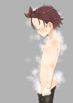 1girl blush braid braided_bangs brown_hair clothes_pull forehead from_side gloves grey_background highres hot loli medalist_(manga) navel nude open_mouth pants pants_pull profile pulling_own_clothes satsuyo short_hair simple_background solo steaming_body sweat webp-to-png_conversion white_gloves yoga_pants yuitsuka_inori