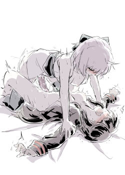 2girls absurdres black_bow black_hair blush bow breasts cleavage closed_eyes dildo double_dildo fang fate/grand_order fate_(series) highres long_hair lying medium_breasts monochrome motion_lines multiple_girls nejikyuu nipples obi oda_nobunaga_(fate) oda_nobunaga_(koha-ace) okita_souji_(fate) okita_souji_(koha-ace) on_back pussy_juice sash sex_toy shared_object_insertion short_hair sketch small_breasts sweat trembling white_background yuri