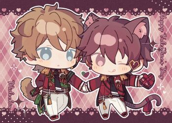 Rule 34 | 2boys, animal ears, belt, black necktie, box, brown eyes, brown hair, cat, cat boy, cat tail, closed mouth, collared shirt, dog boy, dog ears, dog tail, ensemble stars!, extra ears, full body, gift, gift box, happy valentine, headset, heart, heart-shaped box, highres, holding, holding gift, holding hands, hot &amp; elegant chocolat fes (ensemble stars!), kemonomimi mode, long sleeves, looking at viewer, male focus, mei tongzhi wo a, morisawa chiaki, multiple boys, necktie, outstretched arm, pants, ship name, shirt, short hair, sparkle, standing, tail, takamine midori, tongue, tongue out, white pants, window