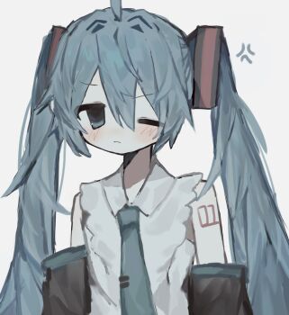 Rule 34 | 1girl, anger vein, aqua hair, aqua necktie, blush, closed mouth, collared shirt, commentary request, detached sleeves, hair between eyes, hatsune miku, highres, long hair, looking at viewer, necktie, one eye closed, shirt, simple background, sleeveless, sleeveless shirt, solo, twintails, upper body, vocaloid, white background, white shirt, yatsu (dolkz1455y75969)