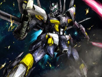 10s banpresto battle energy_sword exbein glowing glowing_eyes huckebein mecha no_humans robot solo space super_robot_wars super_robot_wars_og_the_inspector super_robot_wars_original_generation super_robot_wars_original_generation_2 sword taka-f weapon