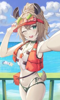 1girl 2girls animal_ears asphyxiation bikini breasts brown_hair cloud drowning eyewear_on_head green-tinted_eyewear green_bikini green_eyes hat highres indie_virtual_youtuber life_vest lifeguard medium_breasts multiple_girls navel nimi_nightmare nimi_nightmare_(lifeguard) ocean one_eye_closed open_mouth pink_nails railing red_hat rooby_n sameko_saba selfie sky smile swimsuit tail tapir_ears tapir_girl tapir_tail tinted_eyewear virtual_youtuber visor_cap whistle