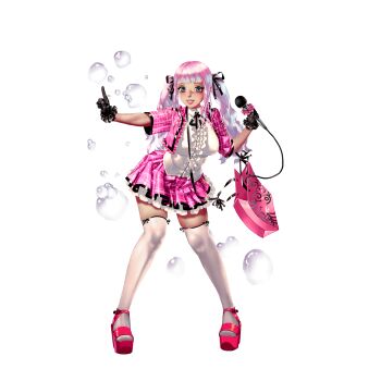 1girl artist_request bag black_gloves black_ribbon blue_eyes blue_hair breasts bubble crystal_maiden_(series) frills full_body game_cg gloves hair_ribbon highres holding holding_microphone microphone multicolored_hair multiple_hair_ribbons official_art peach_(crystal_maidens) pink_hair pink_shoes ribbon shoes short_sleeves skirt smile solo transparent_background twintails variant_set