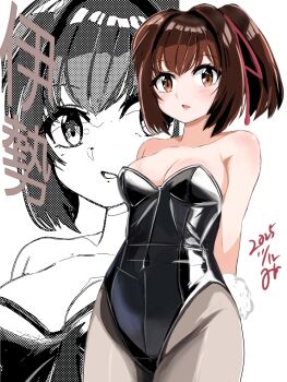 Rule 34 | 1girl, black leotard, blush, breasts, brown eyes, brown hair, grey pantyhose, hair ribbon, highres, ise (kancolle), kantai collection, large breasts, leotard, multiple views, pantyhose, playboy bunny, ponytail, ribbon, short hair, sirayuki0328081, strapless, strapless leotard