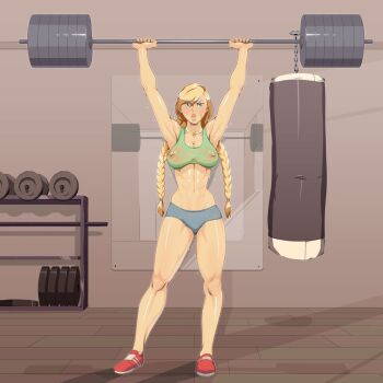 1girl abs armpits blonde_hair blue_eyes braid breasts cammy_white capcom cleavage exercising female_focus full_body gym highres large_breasts long_hair looking_at_viewer medium_breasts mirror miss_mcl muscular nipples punching_bag see-through_clothes shoes shorts sneakers solo sports_bra standing street_fighter sweat tank_top third-party_edit toned transparent twin_braids weightlifting weights