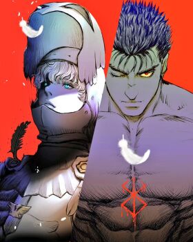 2boys abs armor berserk black_hair blue_eyes brand_of_sacrifice closed_mouth colored_sclera expressionless falling_feathers feathers griffith_(berserk) guts_(berserk) helmet looking_at_viewer male_focus multiple_boys muscular muscular_male nisino2222 nude one_eye_closed red_background red_eyes serious short_hair spiked_hair split_screen white_hair