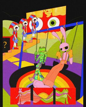 1boy 1girl 1other animal_ears black_border black_eyes blue_gloves blue_shoes border brown_hair colored_sclera colored_skin commentary english_commentary expressionless frog_girl furry furry_male gloves half-closed_eyes hat highres jax_(the_amazing_digital_circus) jester jester_cap mismatched_shoes multicolored_eyes no_mouth no_nose on_swing orange_overalls overalls plant pomni_(the_amazing_digital_circus) rabbit_boy rabbit_ears rainbow red_shirt red_shoes ribbit_(the_amazing_digital_circus) road shirt shoes short_sleeves sitting stairs sun surreal swing taffimaya the_amazing_digital_circus two-tone_eyes white_skin yellow_gloves yellow_sclera