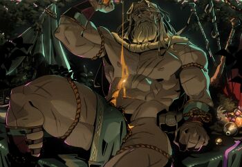 1boy ancient_greek_clothes bara beard boots chris_sdd connected_beard dark facial_hair feet_out_of_frame full_beard greco-roman_clothes hades_(series) hades_2 hairy heracles_(hades) highres large_pectorals long_beard looking_up male_focus mature_male muscular muscular_male mustache navel navel_hair nipples pectorals pelvic_curtain pouring pouring_onto_self sitting size_difference solo spread_legs stomach thick_beard thick_eyebrows thick_mustache veins veiny_hands