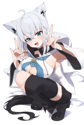 Rule 34 | 1girl, absurdres, ahoge, alternate breast size, animal ears, black shorts, black tail, blue eyes, blue neckerchief, blush, braid, breasts, cleavage, cleavage cutout, clothing cutout, d4kou16, detached sleeves, double fox shadow puppet, ear down, flying sweatdrops, fox ears, fox girl, fox shadow puppet, fox tail, front slit, highres, hololive, hood, hood down, hooded vest, hoodie, large breasts, looking at viewer, medium hair, neckerchief, shirakami fubuki, shirakami fubuki (1st costume), short hair, shorts, side braid, simple background, single braid, single thighhigh, solo, squatting, strapless, tail, thighhighs, upper body, vest, virtual youtuber, white background, white hood, white sleeves, white vest, wide sleeves