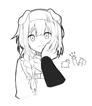 1girl 1other animal_ears arknights braid cat_ears cat_girl closed_mouth cropped_torso disembodied_hand doctor_(arknights) electricity electrocution goldenglow_(arknights) greyscale hair_ornament hairband hairclip hand_on_another's_cheek hand_on_another's_face highres lightning_bolt_symbol long_hair looking_at_viewer monochrome side_braid simple_background tubuan_(tubuan03) white_background